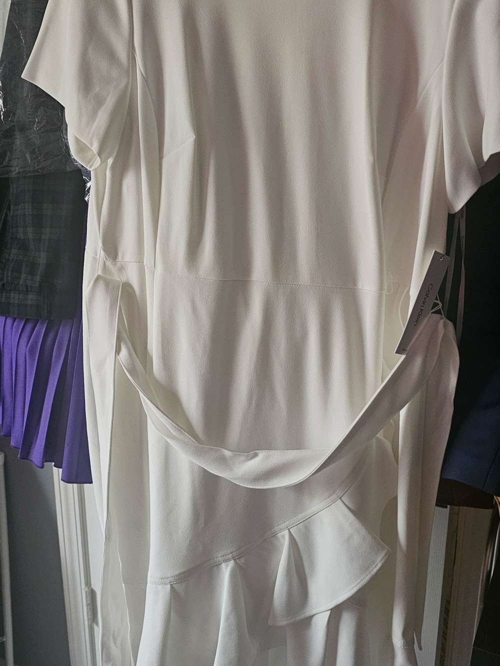 Calvin Klein White Short-Sleeve Wrap Midi Dress with Ruffle Hem